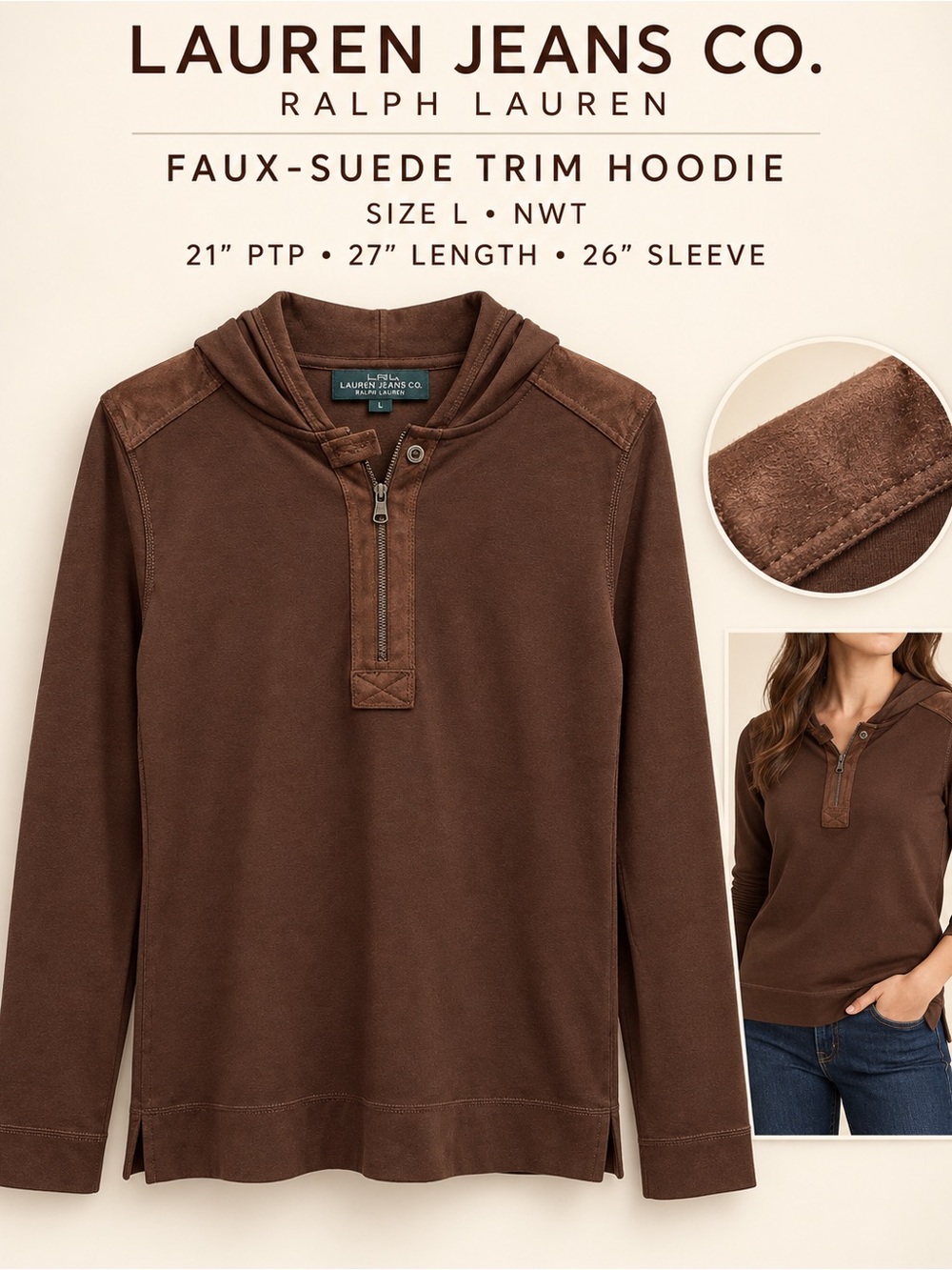 Lauren Jeans Co Ralph Lauren Women’s L Brown Suede Trim Hoodie NWT